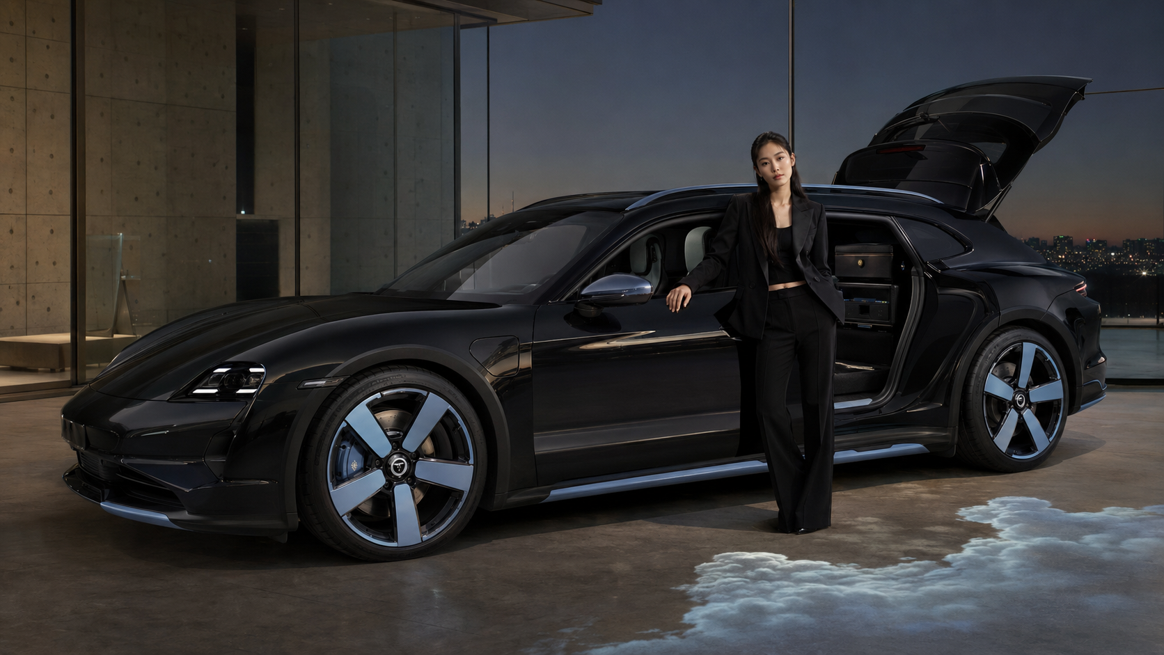 JENNIE beside her bespoke metallic-black electric performance car with pale blue details.