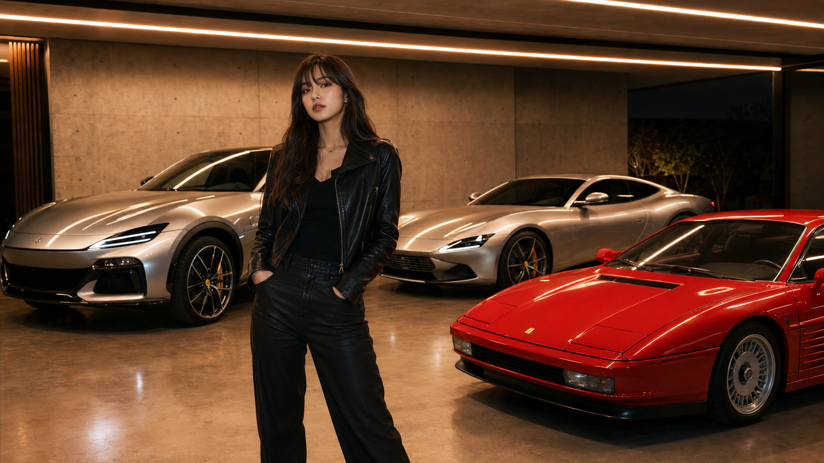 LISA standing inside a private garage with two modern silver performance cars and a classic red supercar.