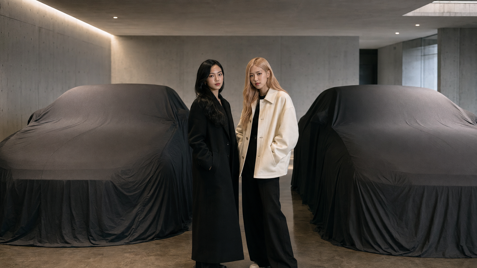 JISOO and ROSÉ standing between two covered vehicles representing their private and undisclosed personal cars.