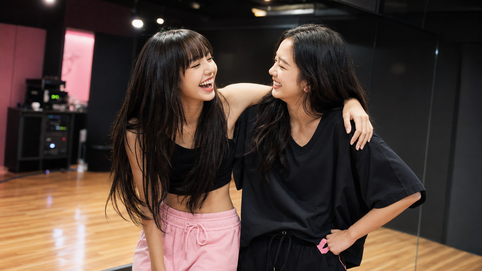 Lisa and Jisoo laugh together during a rehearsal break, capturing their playful and deeply affectionate friendship.