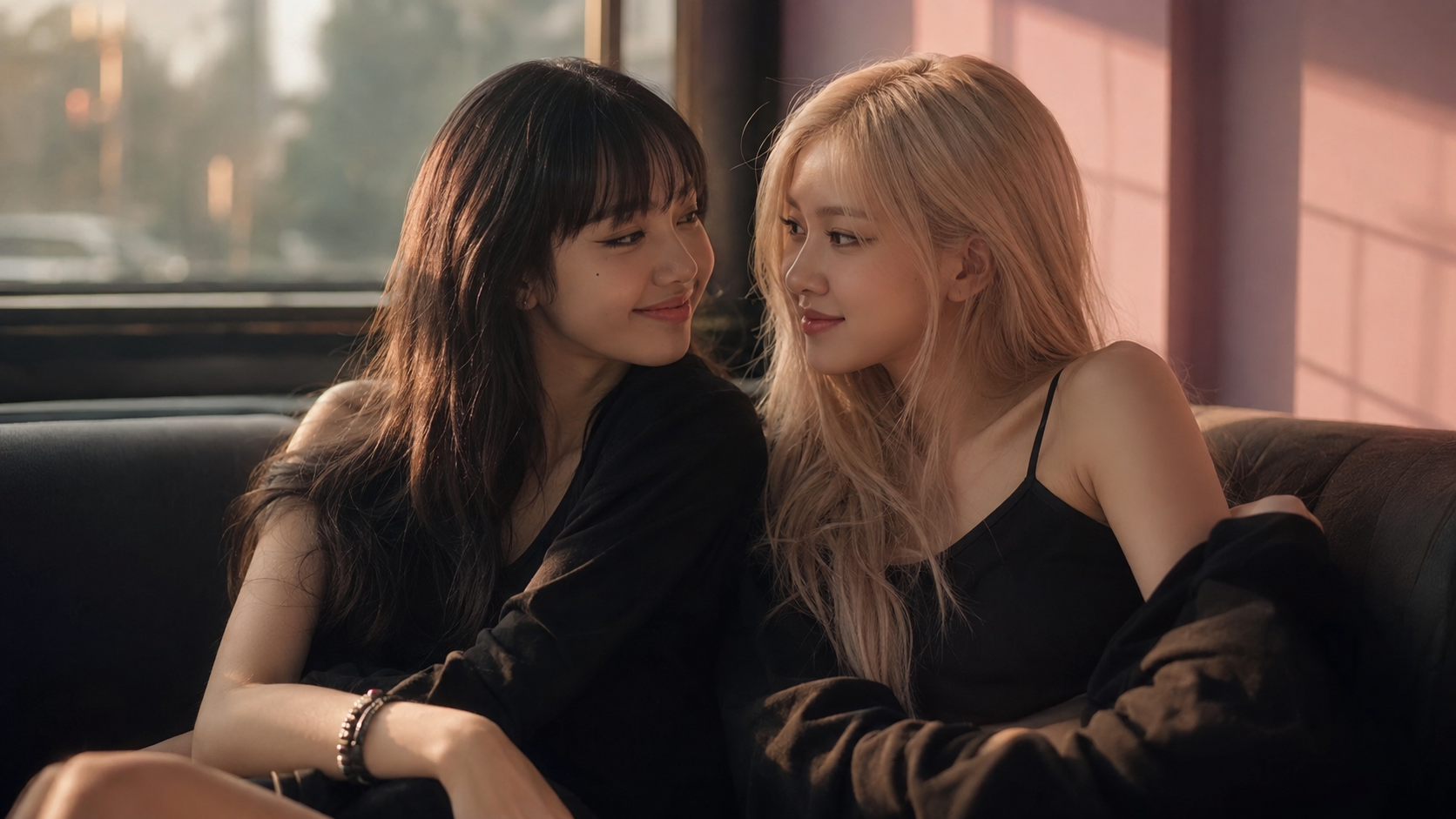 Lisa and Rosé share a quiet sisterly moment, symbolizing the unique understanding created by their similar journeys abroad.