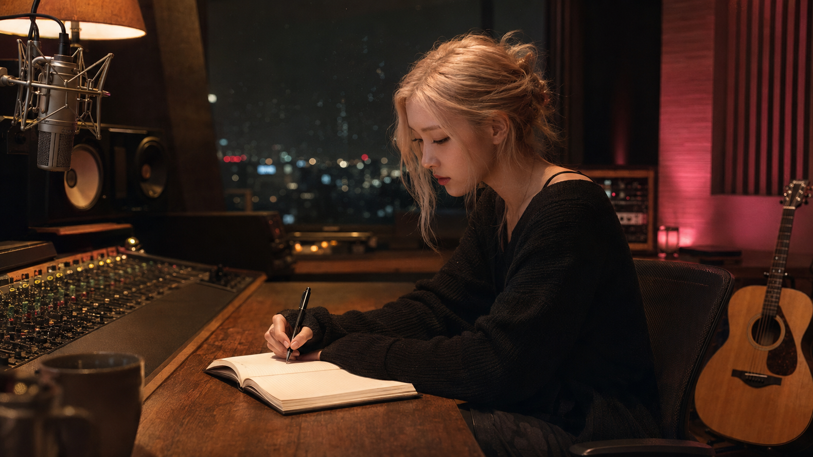 ROSÉ quietly writes in a notebook during a late-night recording session, surrounded by a microphone, mixing equipment and an acoustic guitar.