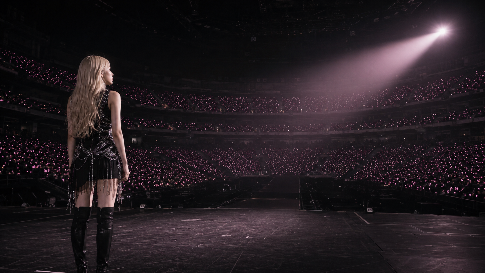 ROSÉ faces a vast arena illuminated by thousands of pink lights, evoking the potential scale of her future solo chapter.