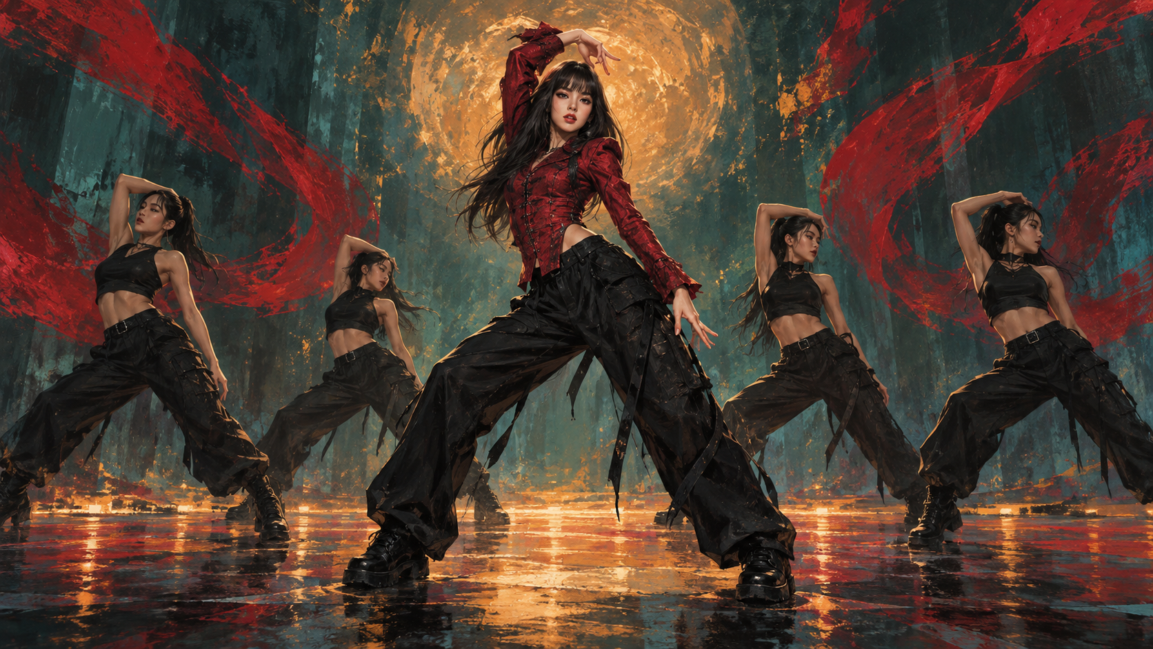 Illustration générée par IA de LISA et d'un ensemble de danseurs, explorant le mouvement et la composition visuelle.