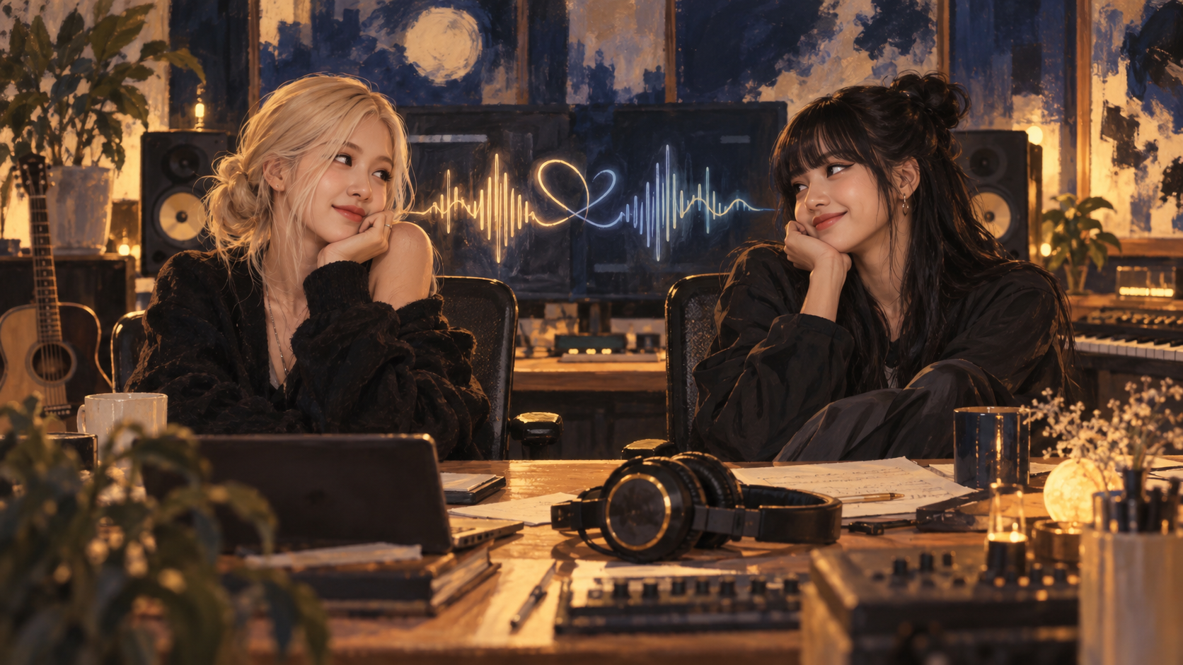 Illustration générée par IA de soutien musical. Cette scène de studio imaginée ne représente pas le trajet en voiture que ROSÉ a décrit à PAPER. Illustration conceptuelle de ROSÉ et LISA dans un studio de musique chaleureux, représentant l'encouragement entre artistes.