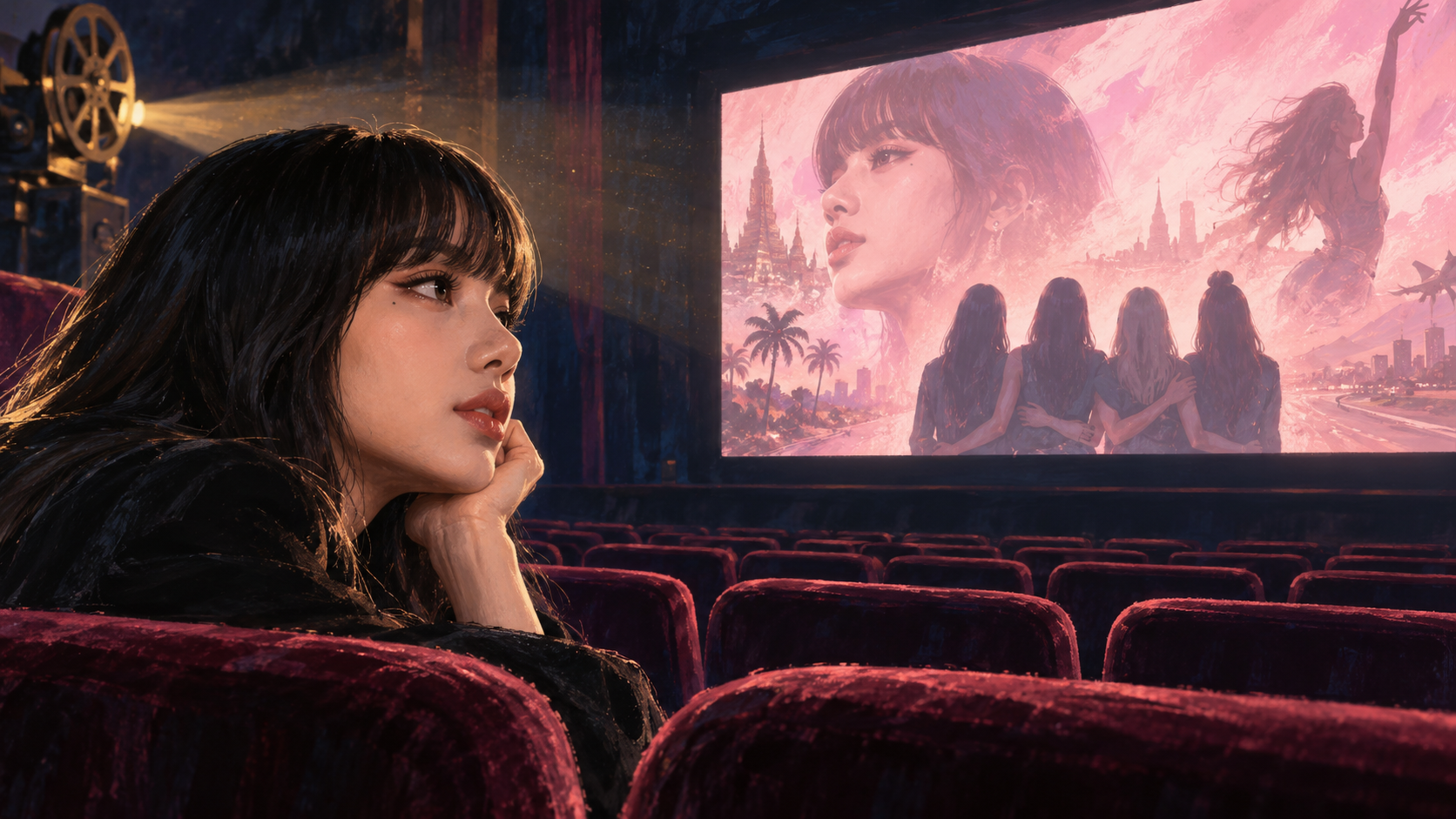 Illustration éditoriale générée par IA inspirée des thèmes de Always Lalisa. Il ne s'agit pas d'une image fixe officielle du film ni d'une projection documentée. Illustration conceptuelle de LISA à côté d'un écran de cinéma, reflétant le parcours personnel exploré dans Always Lalisa.