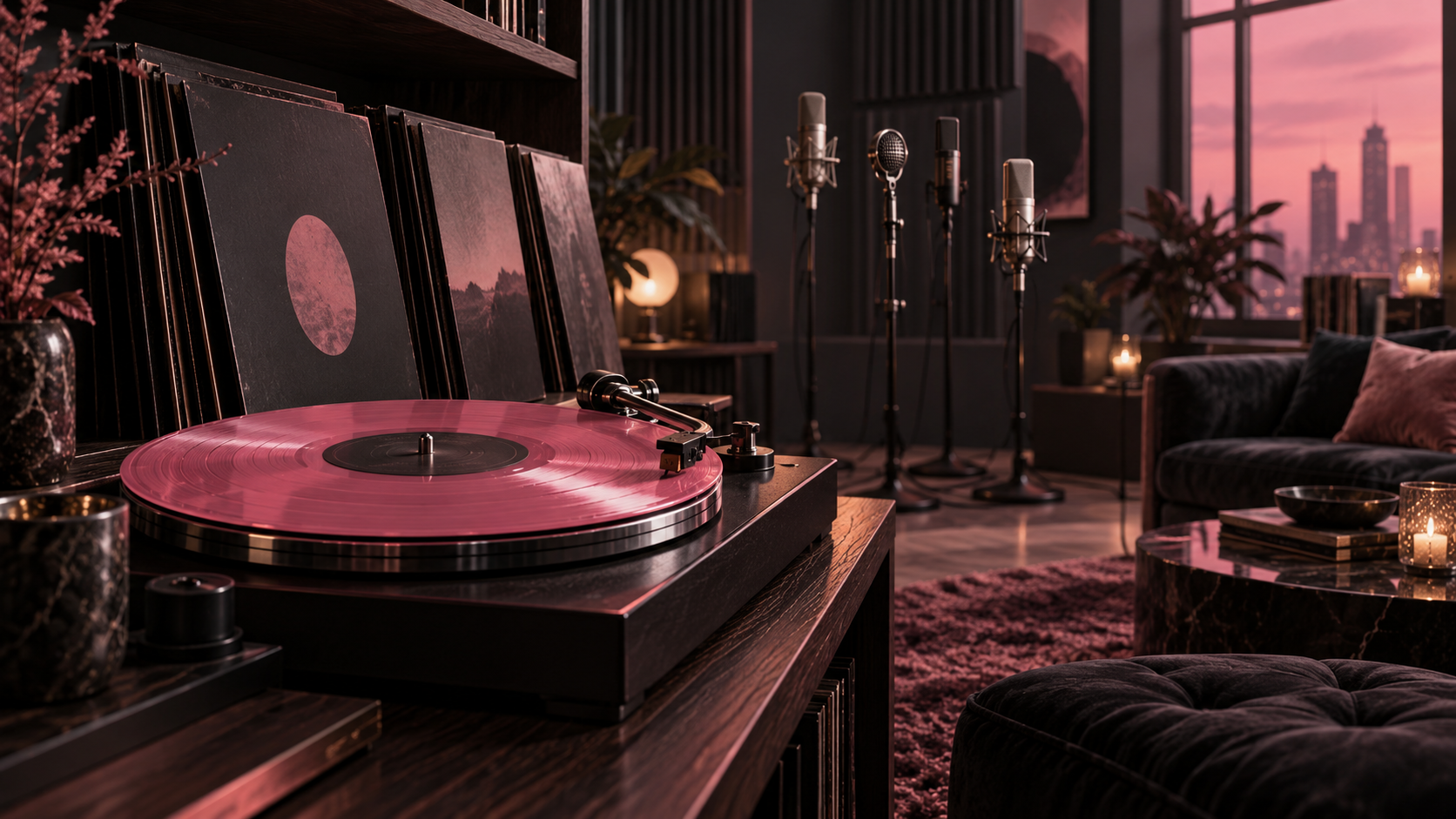 Exploring BLACKPINK’s discography, from debut singles to album deep cuts. AI-generated editorial illustration. A pink-lit listening room with vinyl records, a turntable and four microphones, symbolizing BLACKPINK’s shared music catalog.