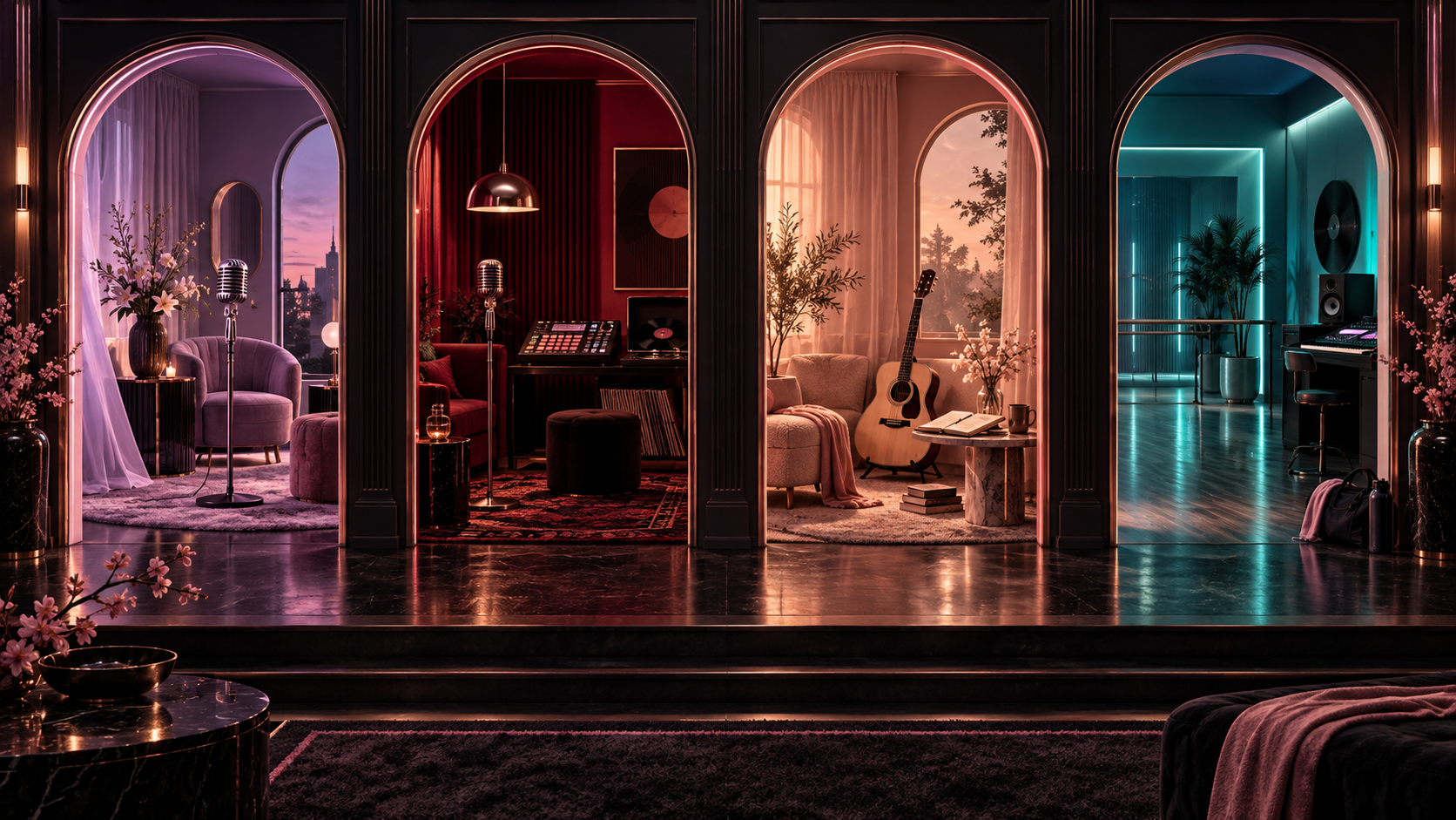 Four distinct musical worlds, one BLACKPINK connection. AI-generated editorial illustration; these are symbolic spaces, not the members’ actual studios. Four music studios in lilac, ruby red, rose gold and teal, symbolizing JISOO, JENNIE, ROSÉ and LISA’s individual musical worlds.