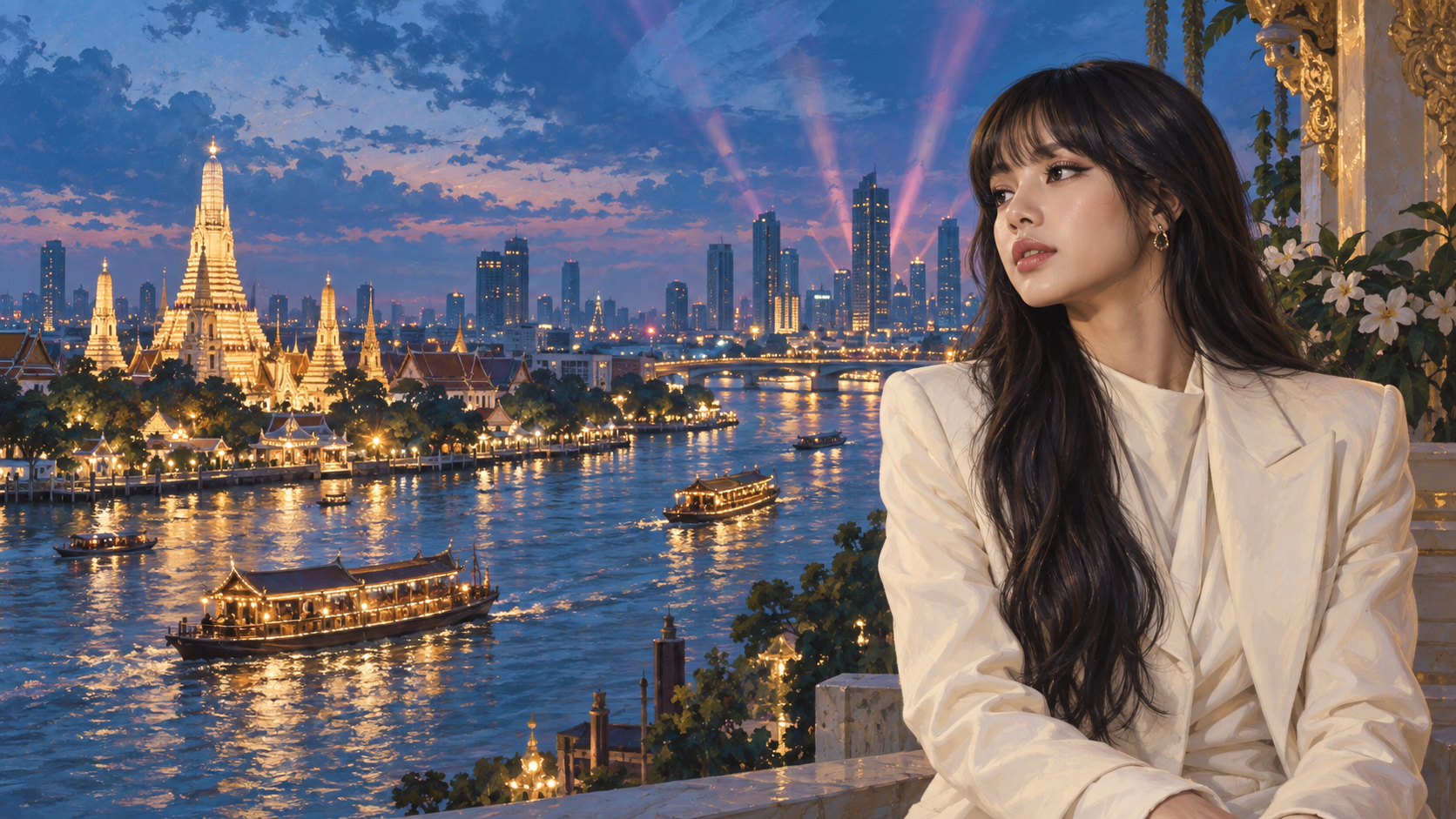 Editorial illustration of LISA overlooking Bangkok’s illuminated riverside, symbolizing the connection between her Thai roots and her global career.