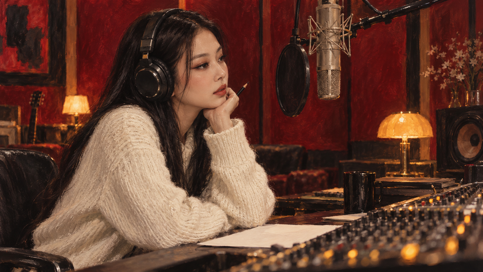 An imagined studio scene illustrating the musical craft behind JENNIE's solo work. AI-generated editorial illustration. Painted editorial illustration of JENNIE wearing headphones beside a studio microphone in a ruby-red recording space.