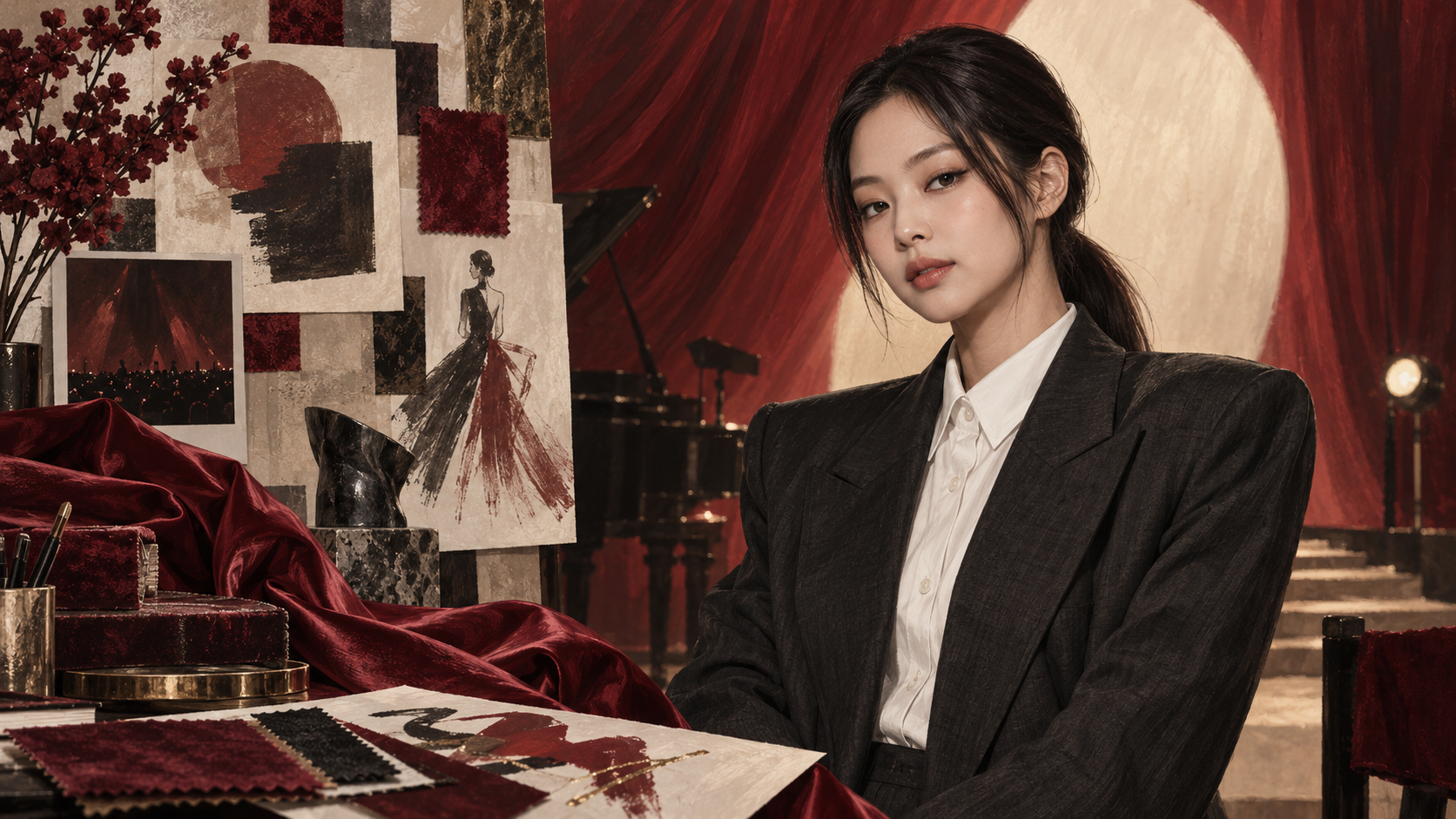 Music, styling and performance meet in this conceptual portrait of JENNIE. AI-generated editorial illustration; not an official campaign image. Painted editorial portrait of JENNIE in a charcoal tailored outfit, surrounded by ruby fabric, an abstract mood board and stage lighting.