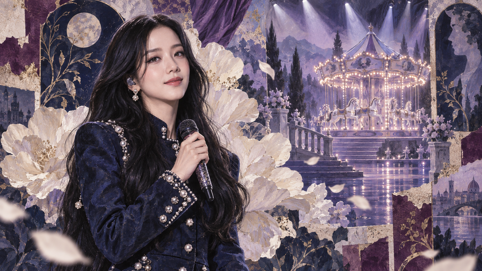 An imagined visual bridge between JISOO's music and storytelling. AI-generated editorial illustration, not an official music-video still. Painted editorial illustration of JISOO holding a microphone against a dreamlike backdrop of flowers, theatrical panels and a distant carousel.