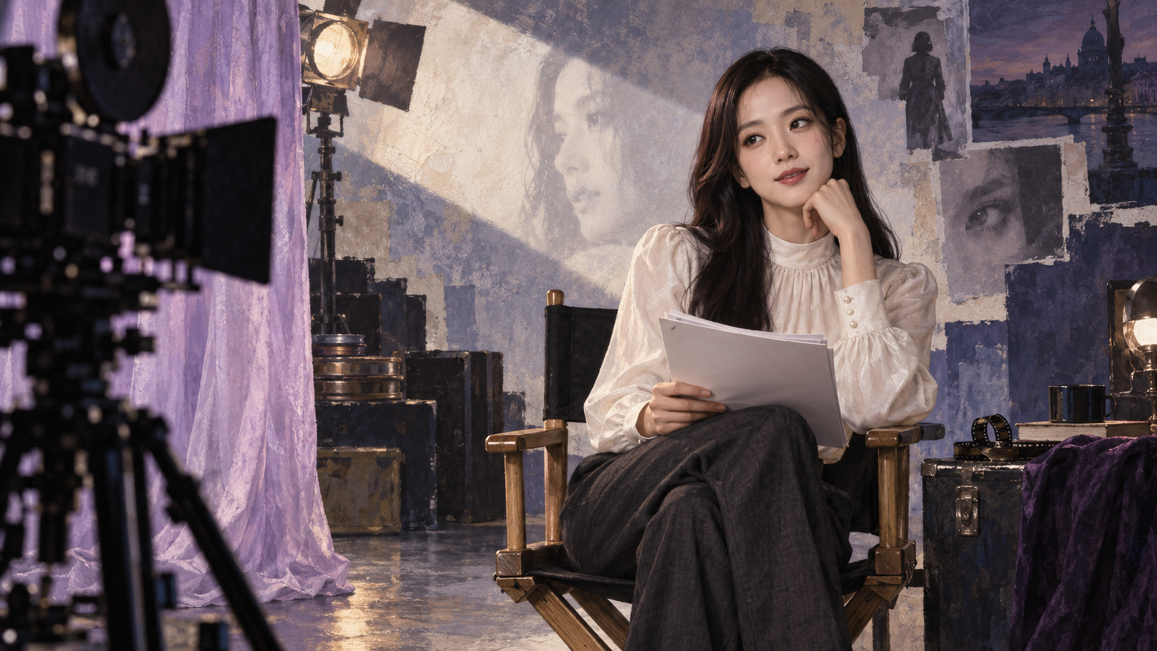JISOO's screen career inspires this fictional studio scene. AI-generated editorial illustration; not a photograph from a production or campaign. Painted editorial portrait of JISOO holding a script in an imagined film studio, with a cinema camera, lavender curtains and a soft projector beam.