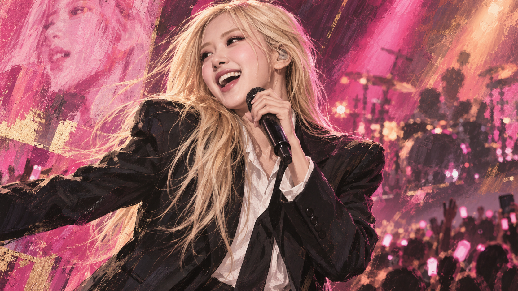Editorial illustration of ROSÉ holding a microphone against vivid pink stage lighting.