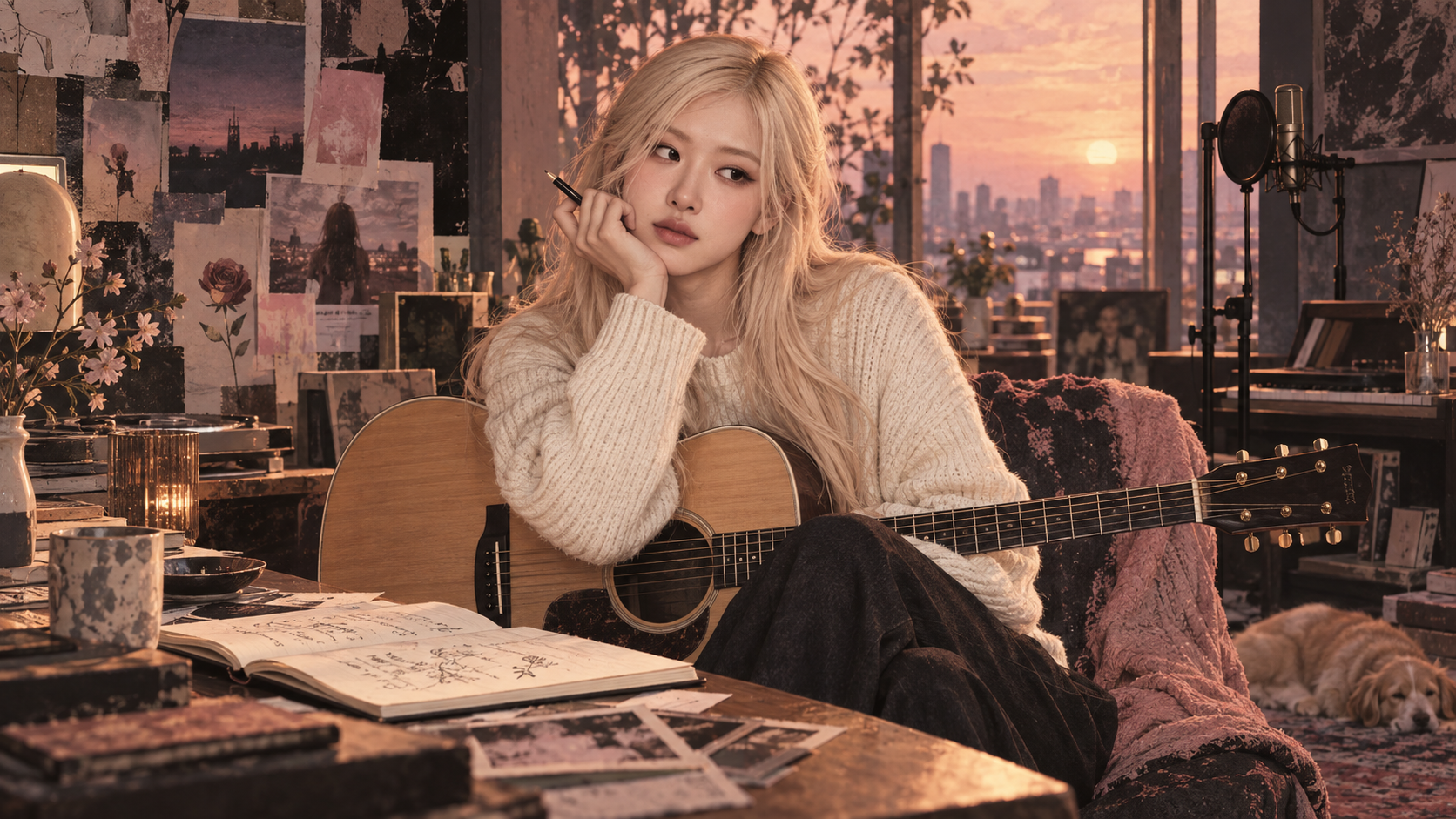 Editorial illustration of ROSÉ with an acoustic guitar and notebook in a warm studio.