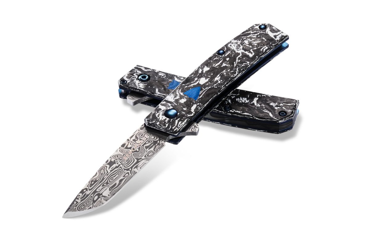 product image for Benchmade Gold Class Tengu Flipper Damasteel Tanto Blade Marbled Carbon Fiber Handle