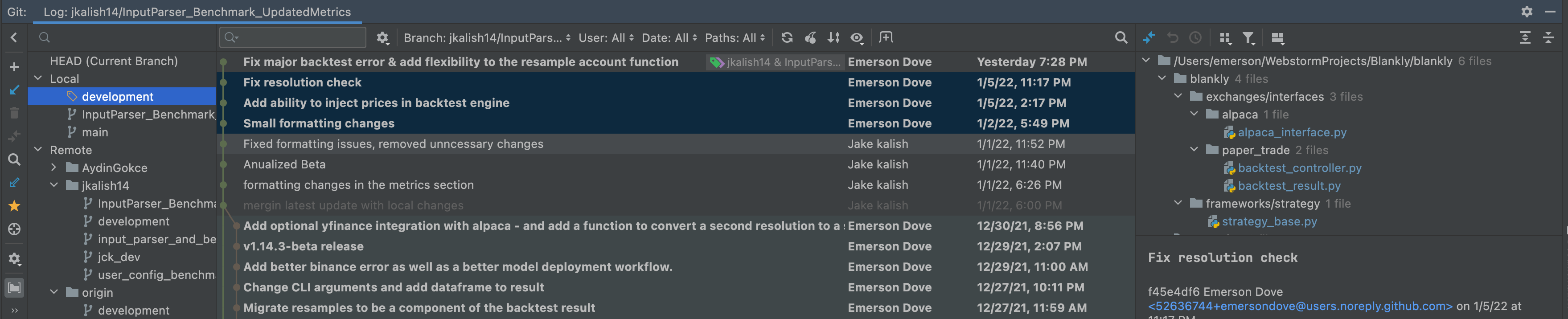 Detailed git log with deltas
