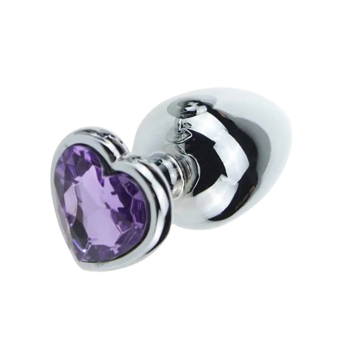 Stainless Steel  Diamond Purple Heart Butt Plug In Small 2.8 Inch