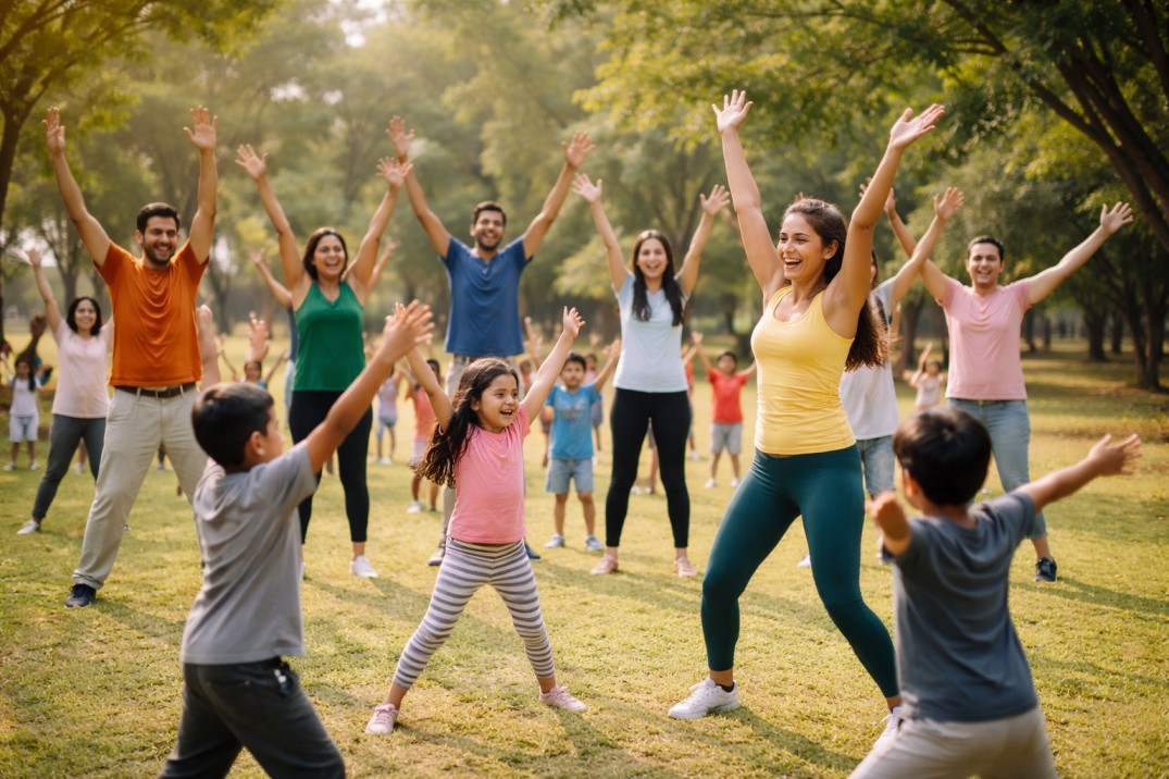 A family enjoying an outdoor activity in a park.