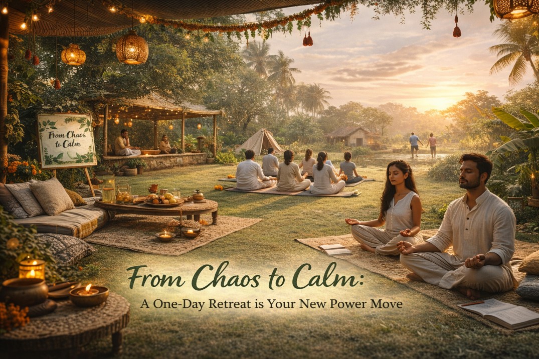 A person meditating in a peaceful setting, representing a one-day retreat.