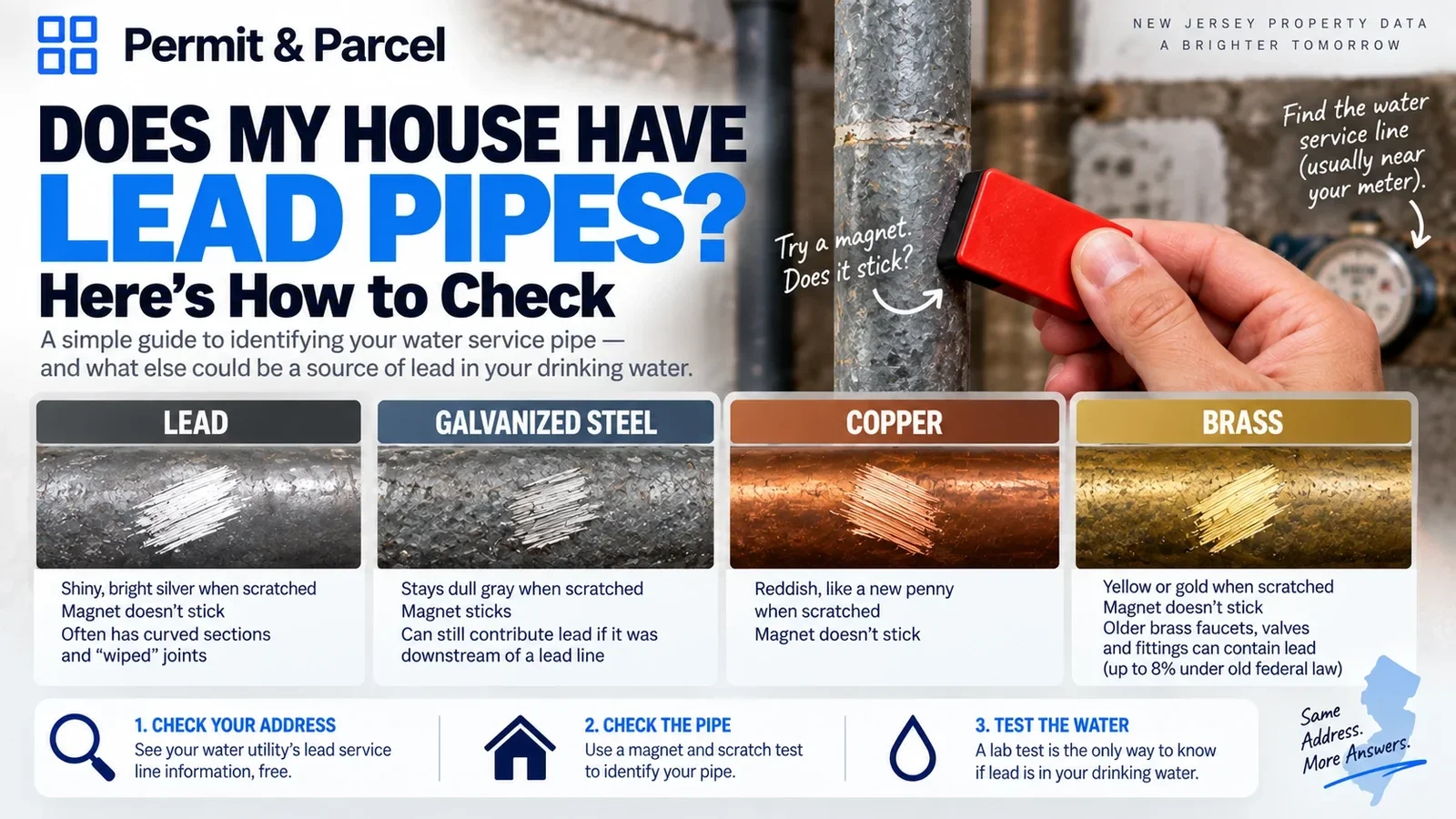 A hand holds a red magnet against a galvanized water pipe, above four scratch-test swatches showing how lead, galvanized steel, copper, and brass look when scraped.