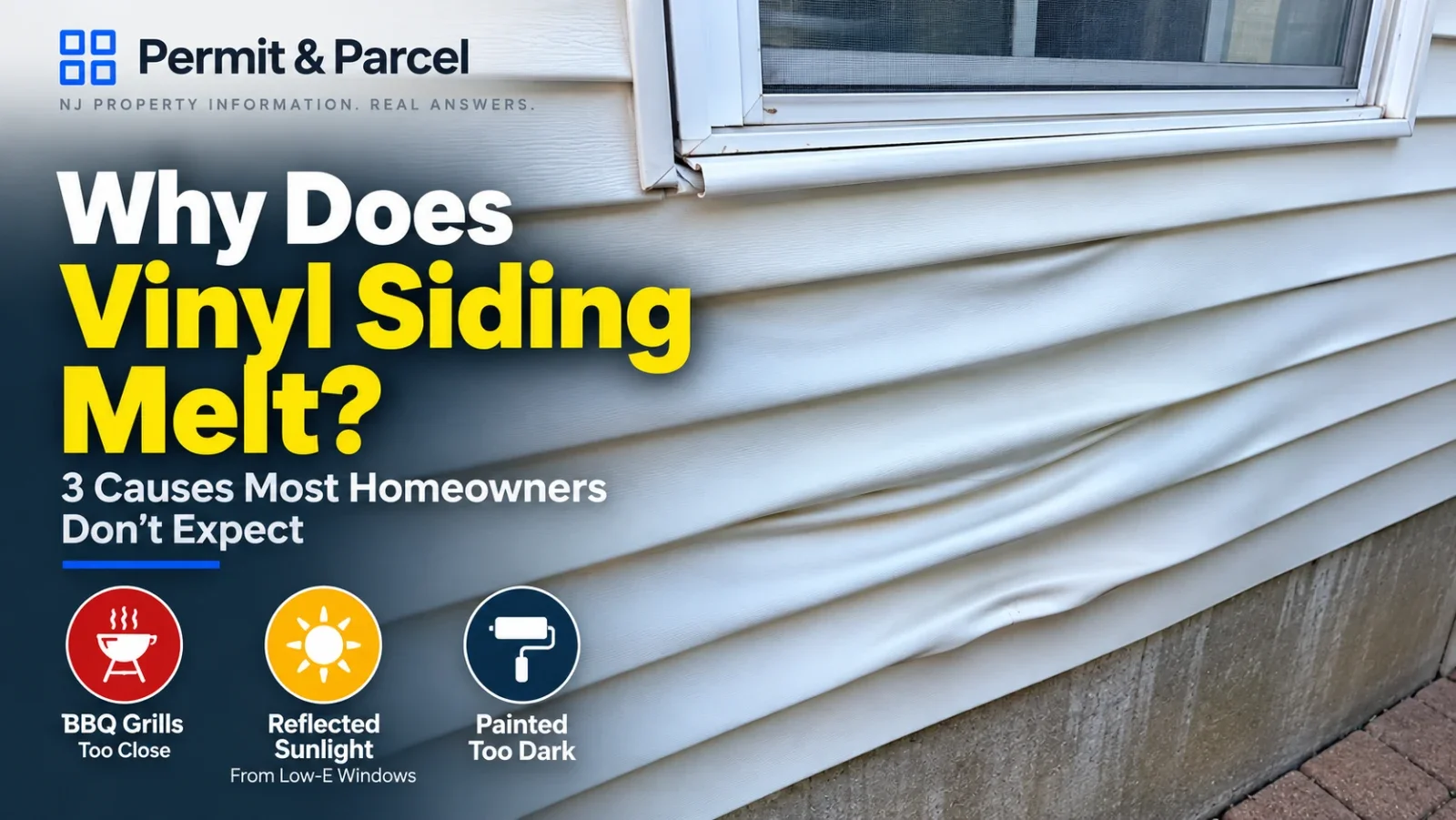 White vinyl siding buckled and rippled below a window, with the distortion concentrated in one section of the exterior wall.