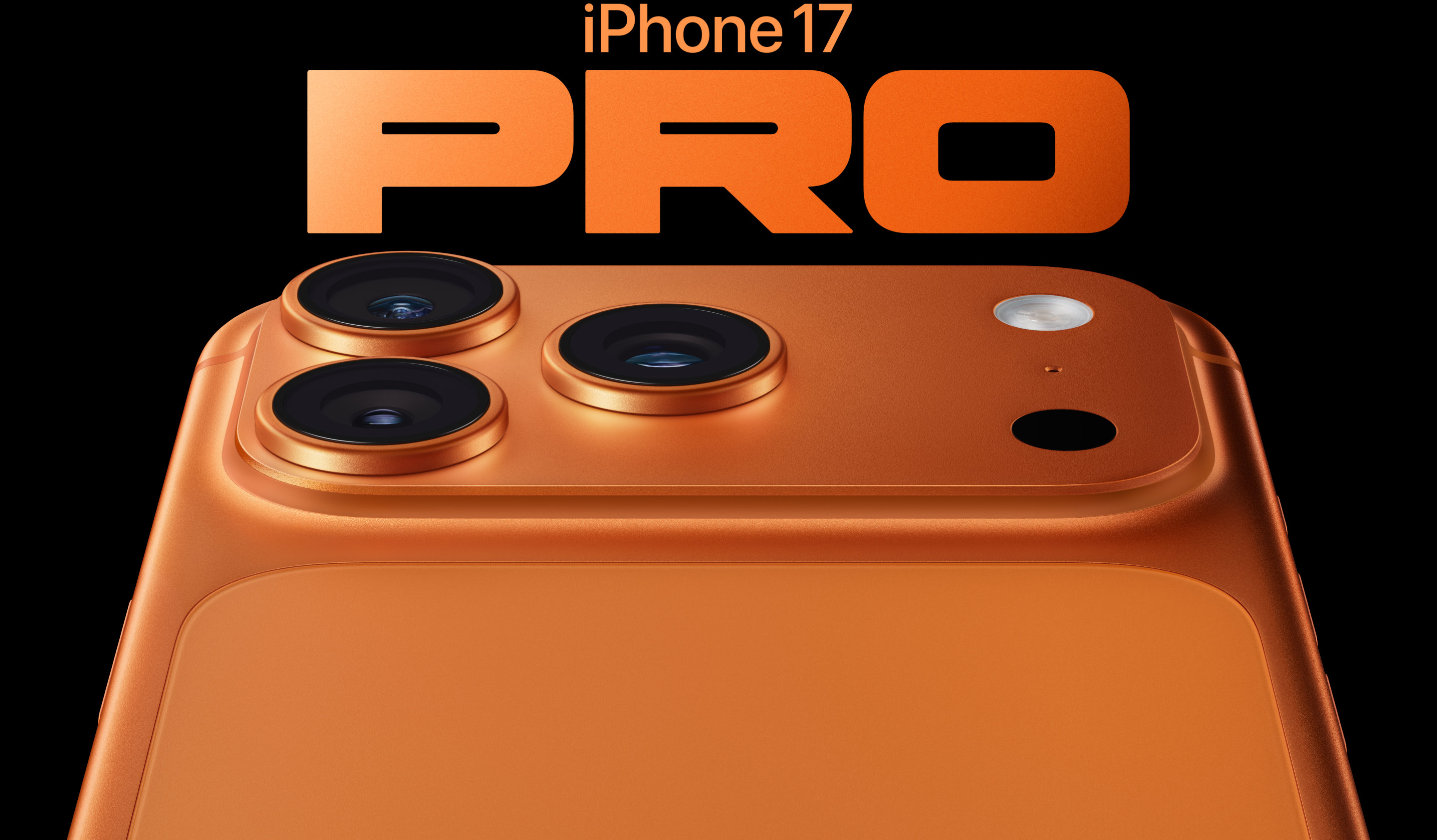 A hero shot of three iPhone 17 Pro models, showcasing their new design from the back.