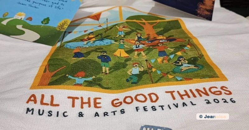 All the good things merchandise, tote bag, pin, post cards