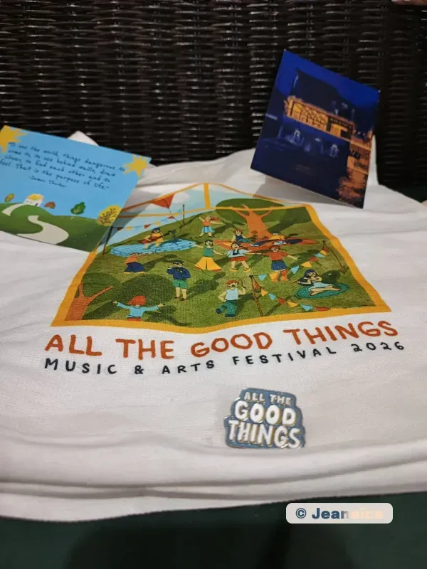 All the good things merchandise, tote bag, pin, post cards