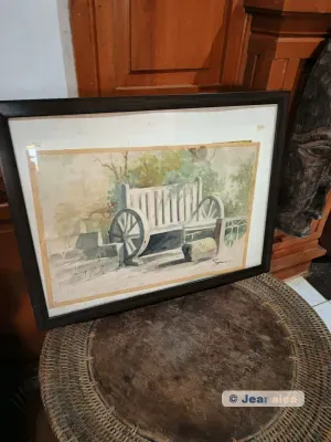 Watercolor painting of a white bench