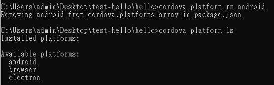 cordova platform rm android