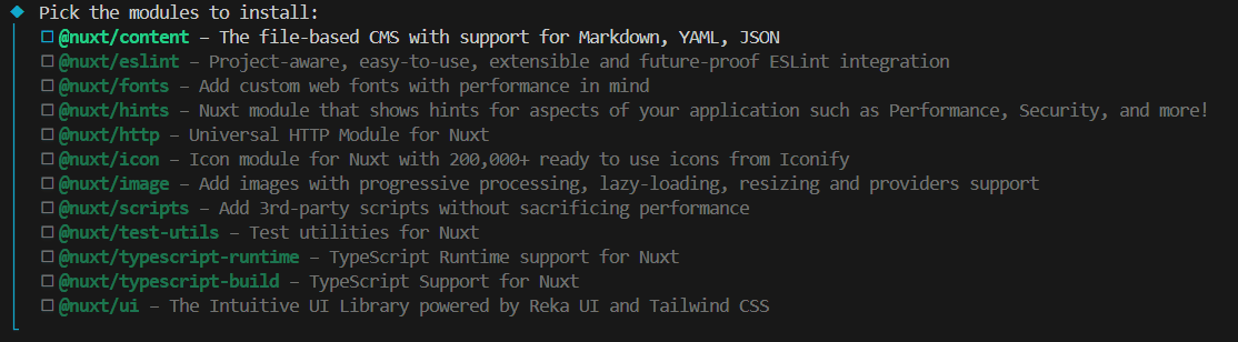 Nuxt init modules list