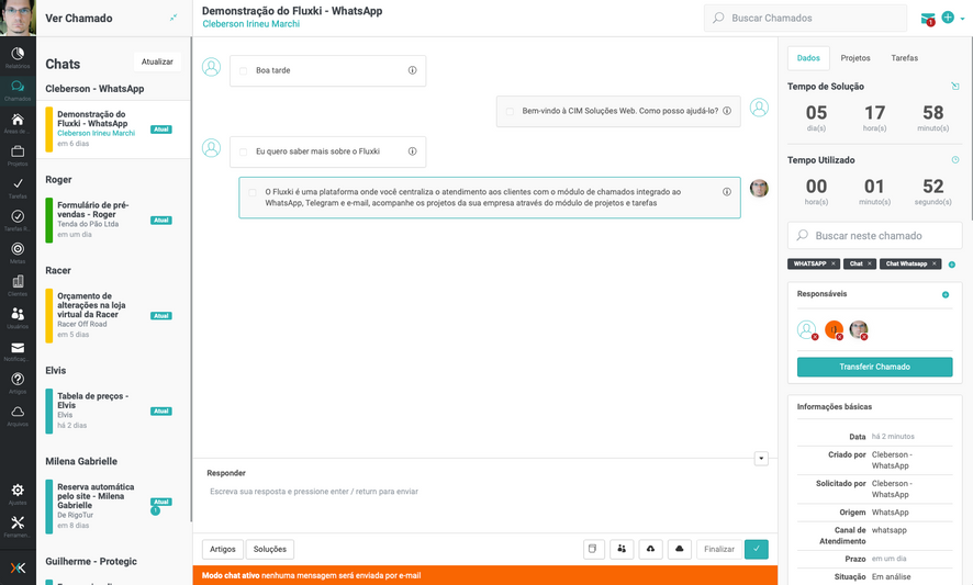 Demonstração do Fluxki em uma conversa no WhatsApp