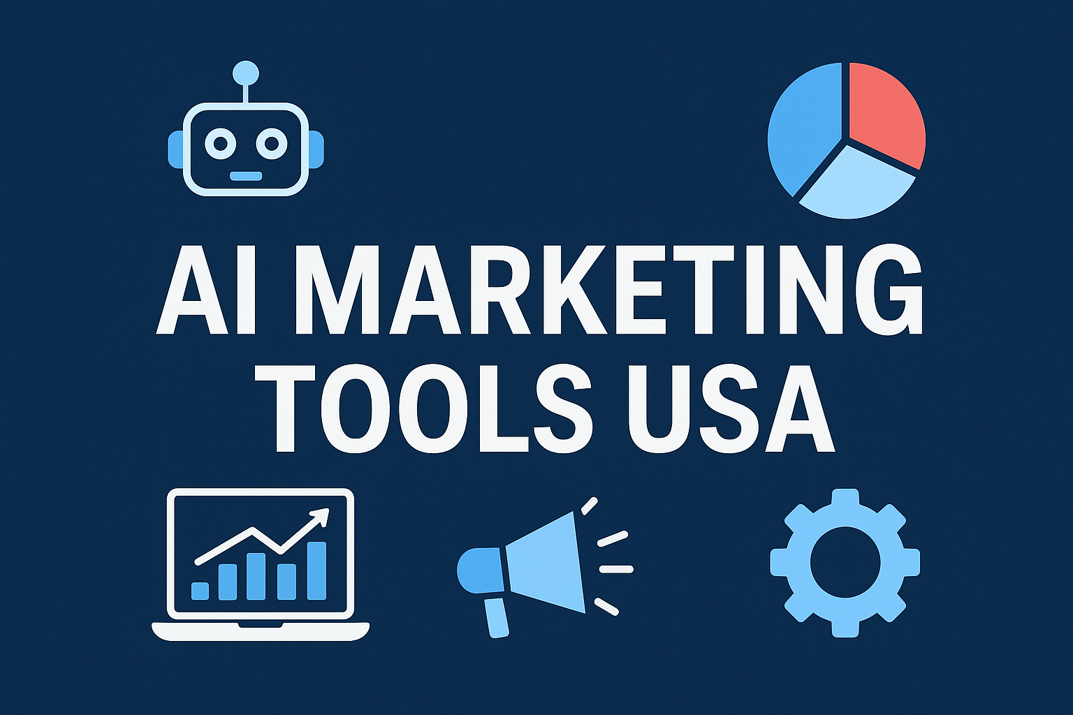 Featured image with bold text AI MARKETING TOOLS USA on a dark blue background, laptop with growth graph, symbolizing AI-driven marketing solutions in the USA.