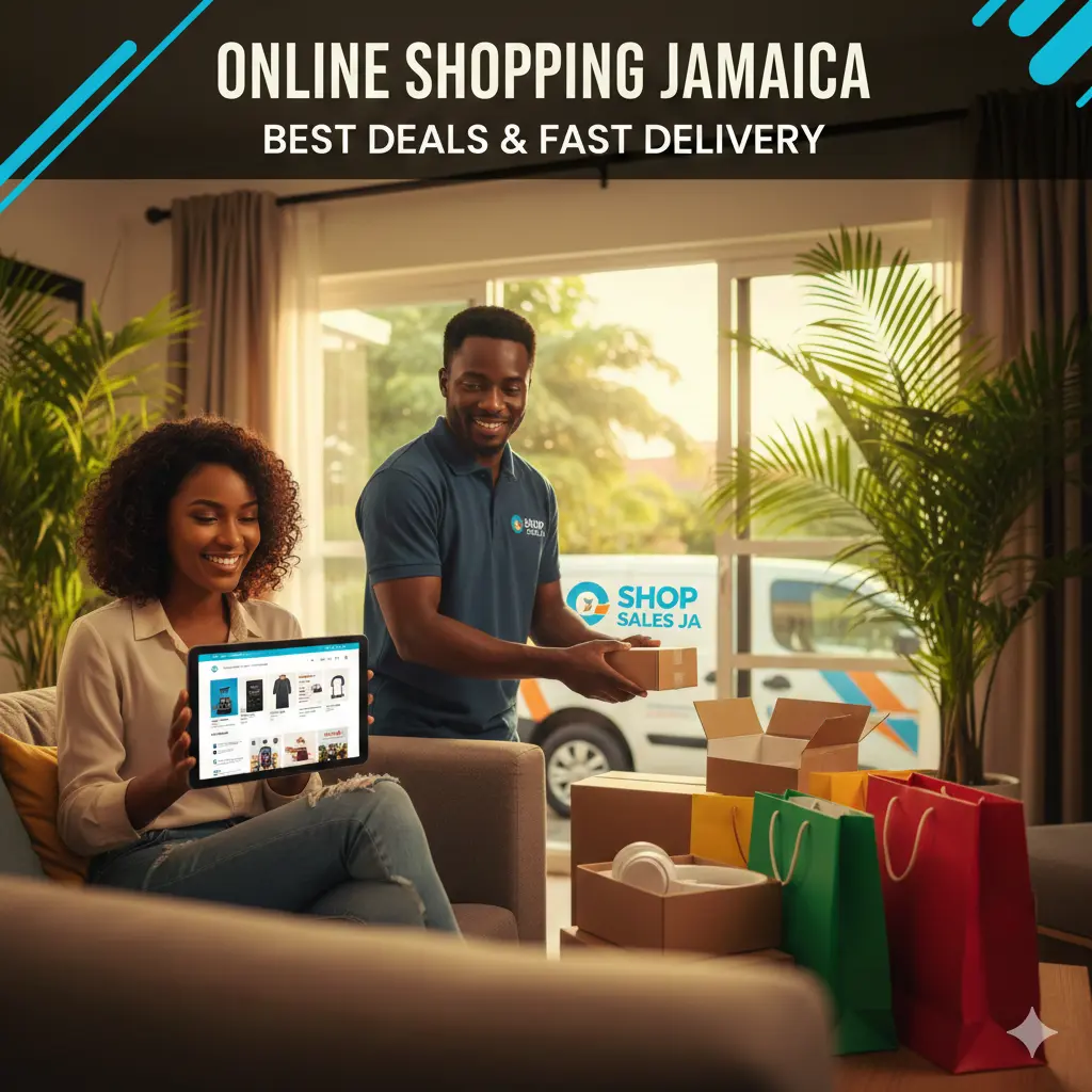 Jamaican customer receiving a package delivery at home from a Shop Sales JA driver, emphasizing fast, local online shopping and islandwide delivery.