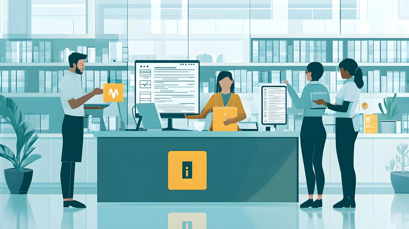 Personas en una oficina de registro animados 