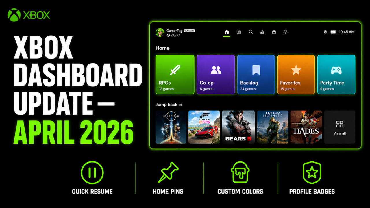 Xbox dashboard update April 2026 Quick Resume custom colors pins Series X Series S