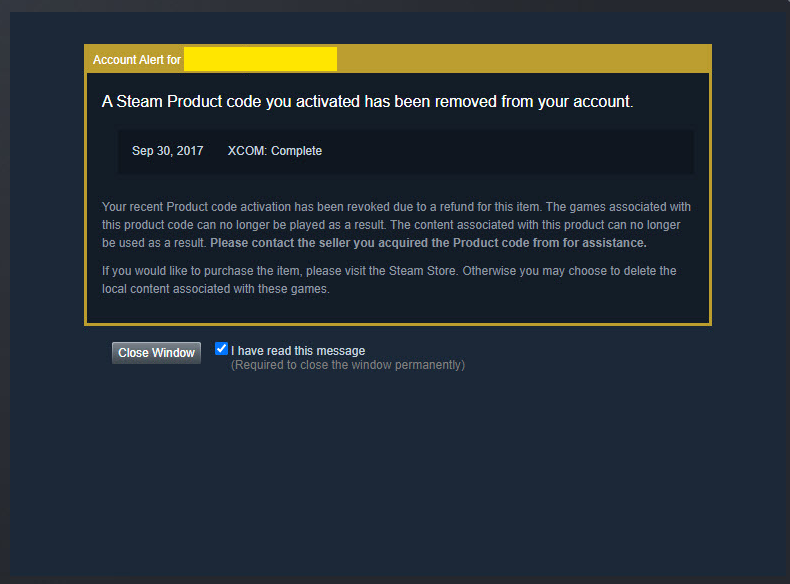 Steam notification showing a product code has been removed from your account