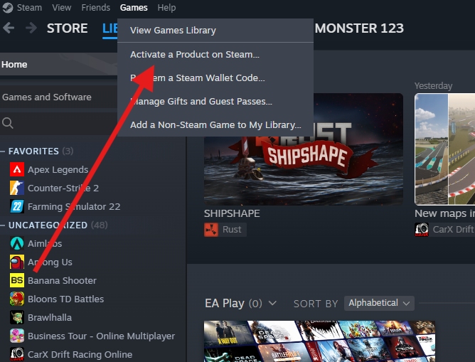 Steam Games menu with Activate a Product on Steam option