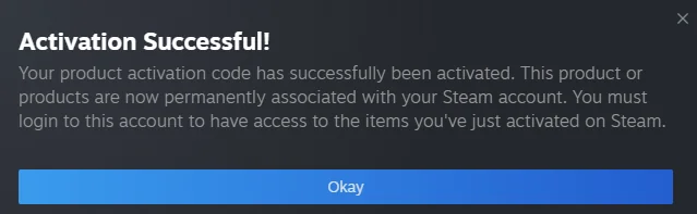 Steam activation success screen showing game name
