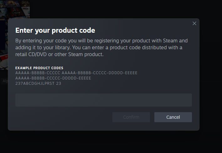 Steam product code entry screen