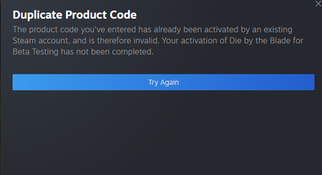 Steam Duplicate Product Code error message with Send email button