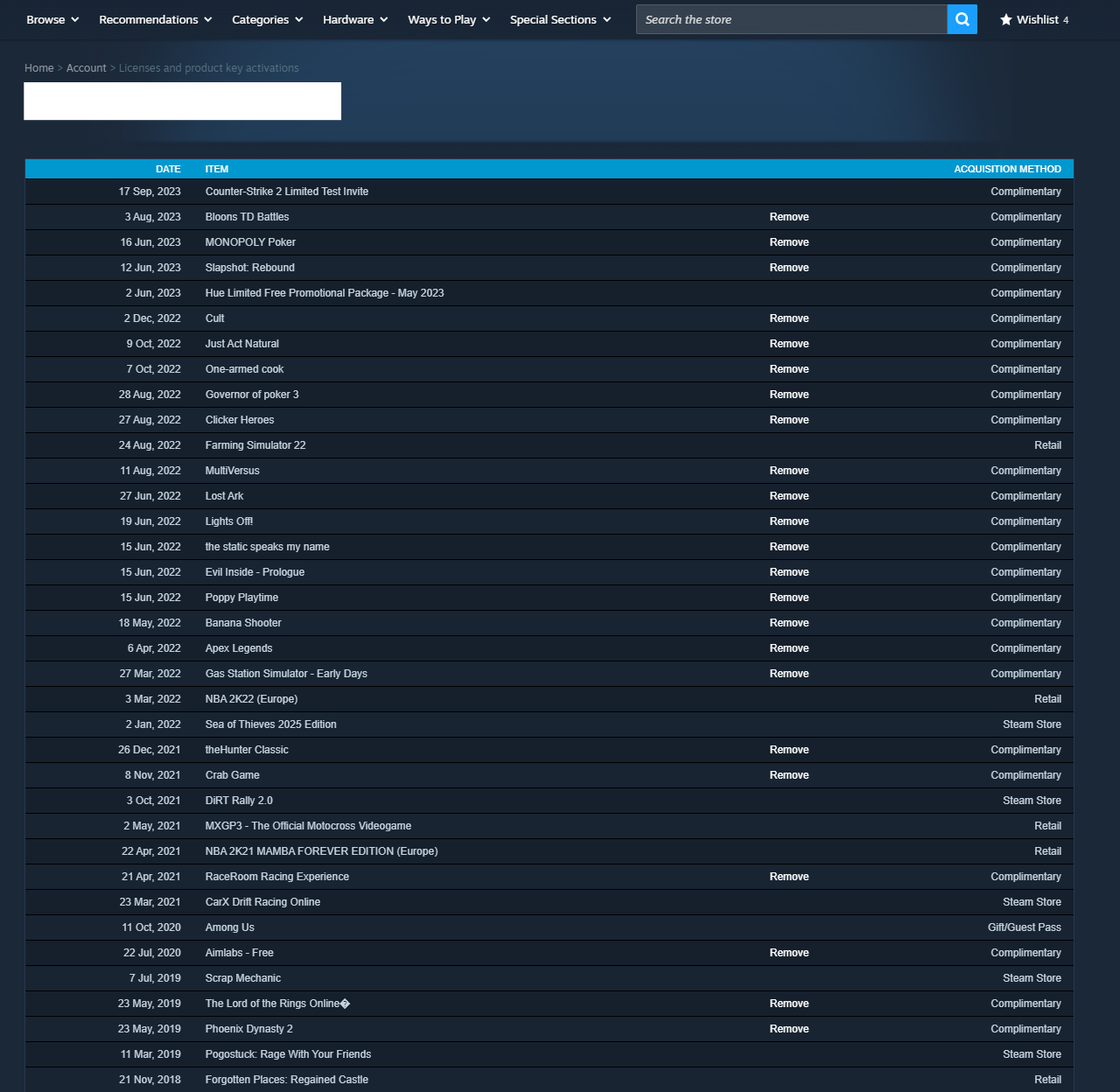 Steam account licenses page showing activated products