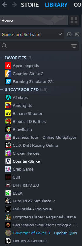 Steam library with search bar