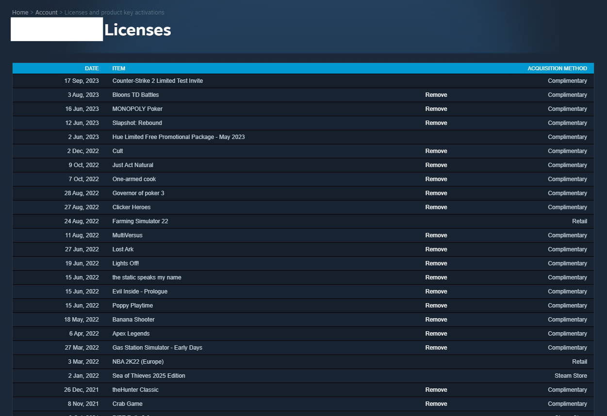 Steam account licenses page