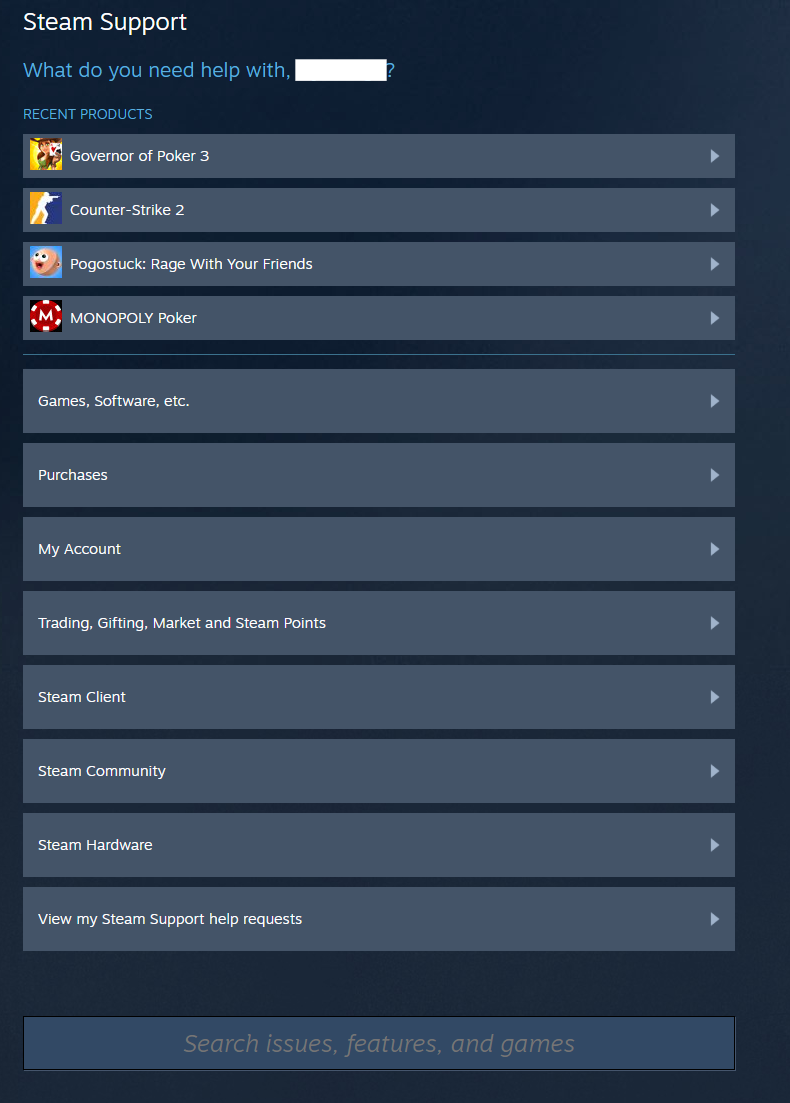 Steam Help page at help.steampowered.com for submitting a support ticket