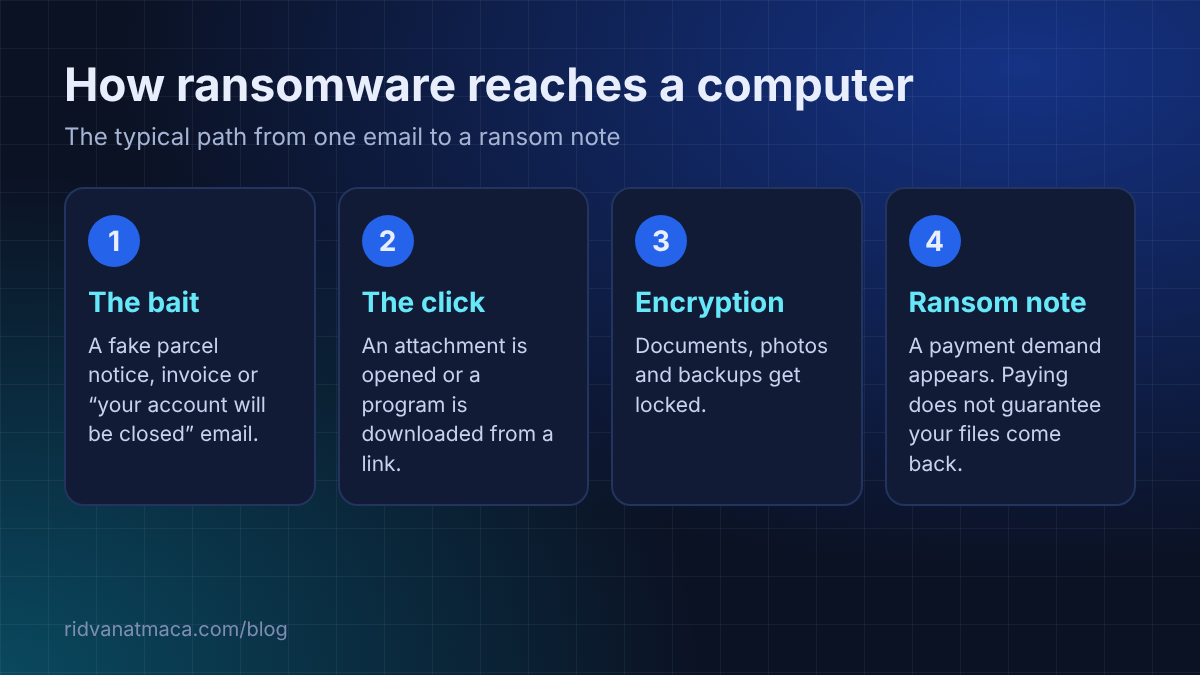 The four-step path of ransomware from an email to a ransom note