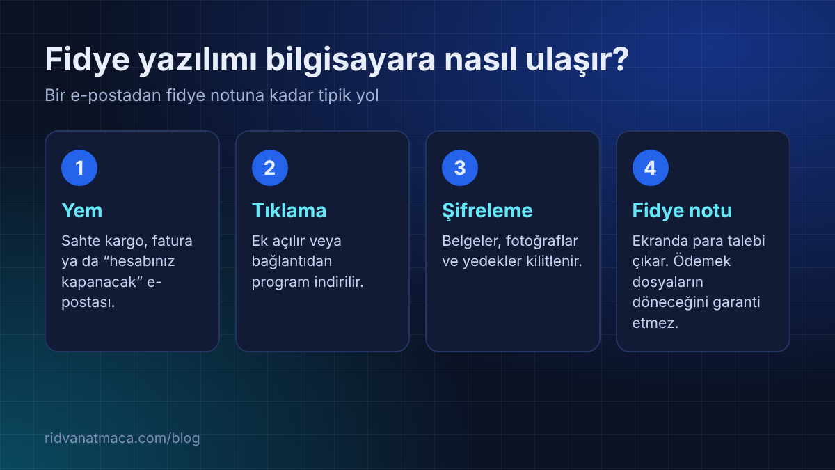 Fidye yazılımının e-postadan fidye notuna dört adımlık yolu