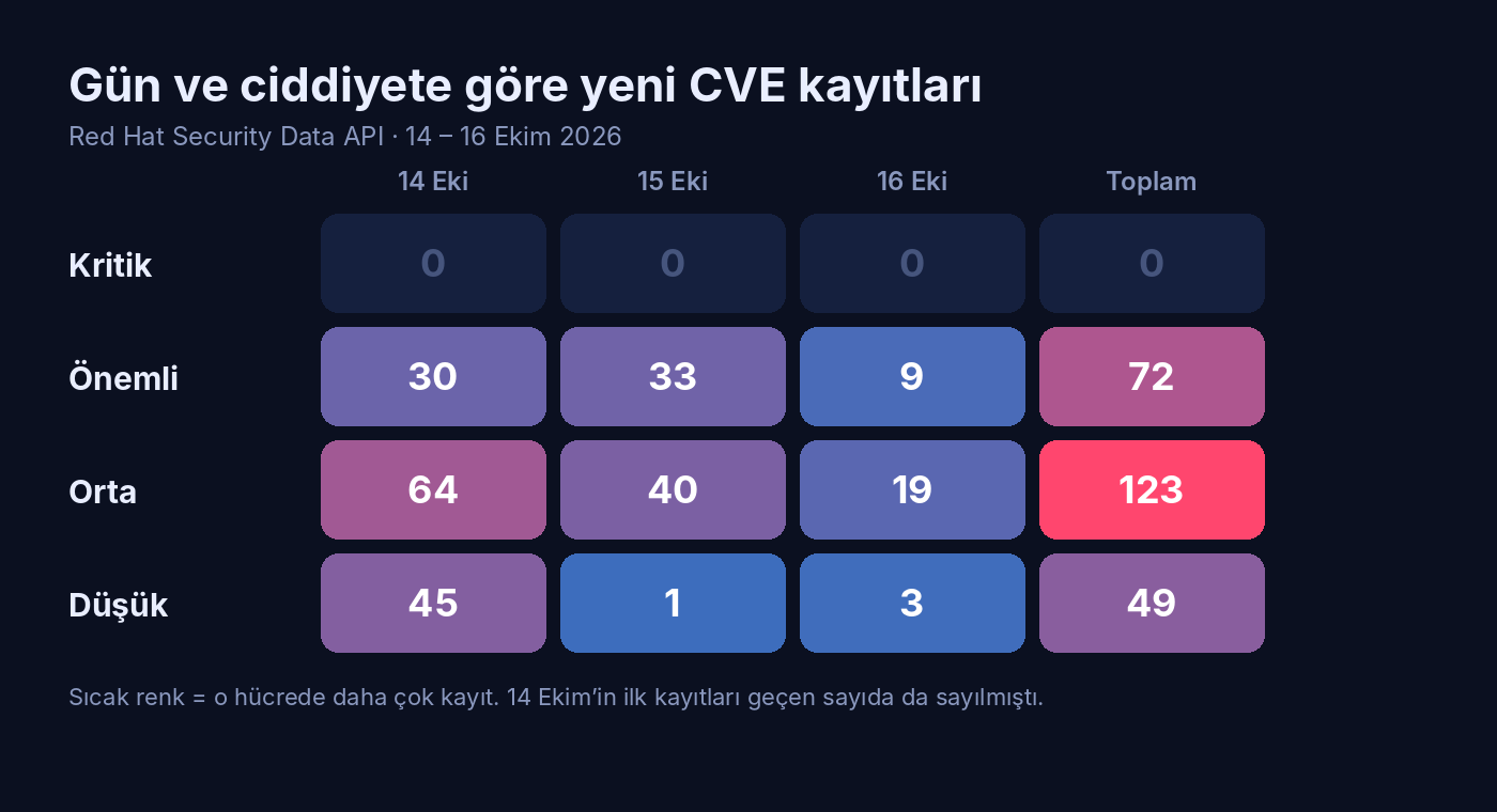 Gün ve ciddiyete göre yeni CVE kayıtlarını gösteren ısı haritası