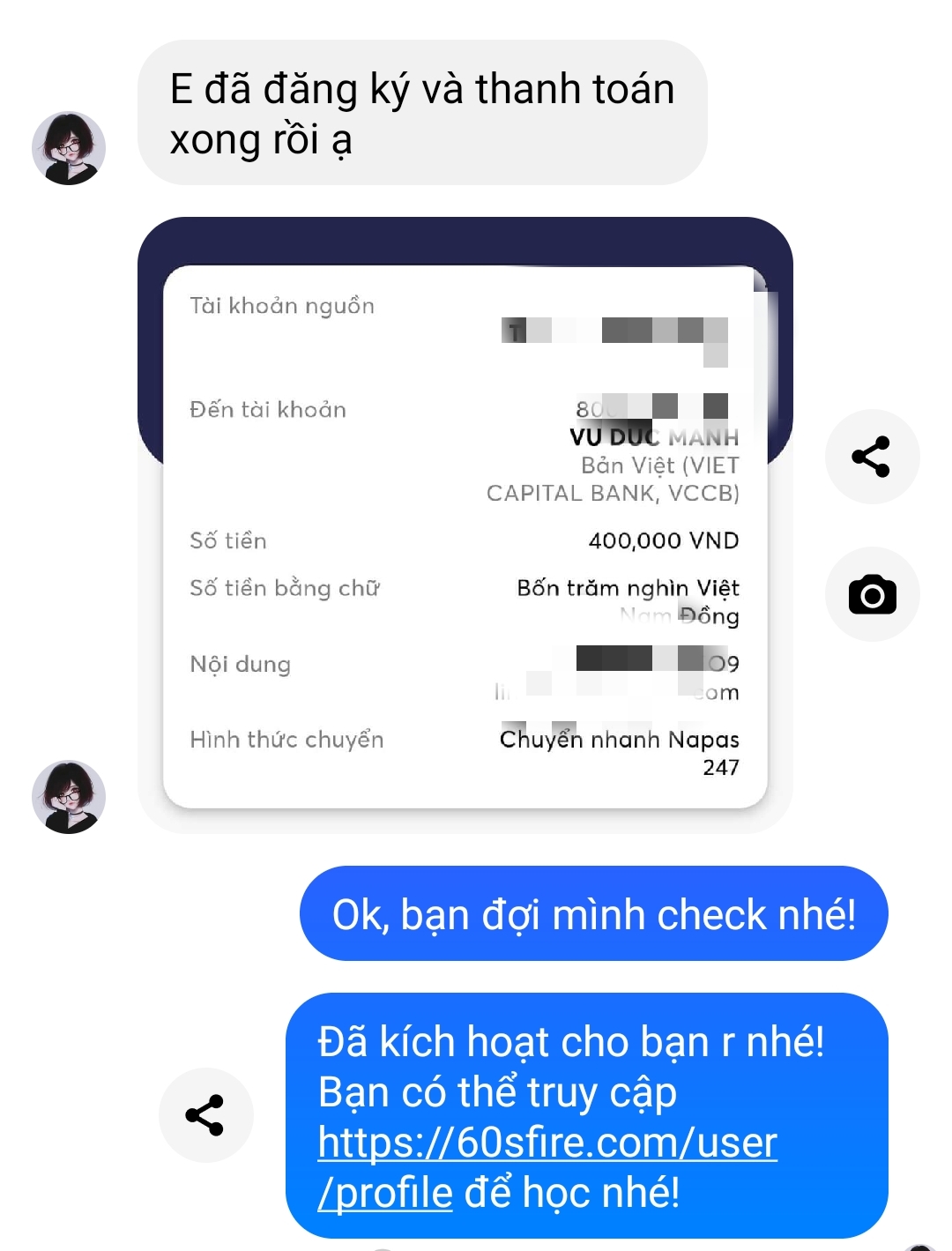 Khách hàng thanh toán thành công